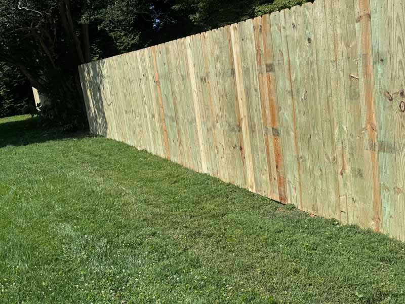 Grassy yard beside a long weathered wooden fence in sunlight