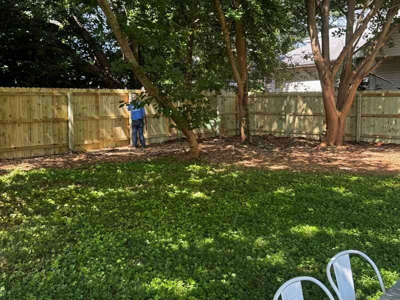 Person spraying a wooden fence in a shaded backyard with green grass and trees.