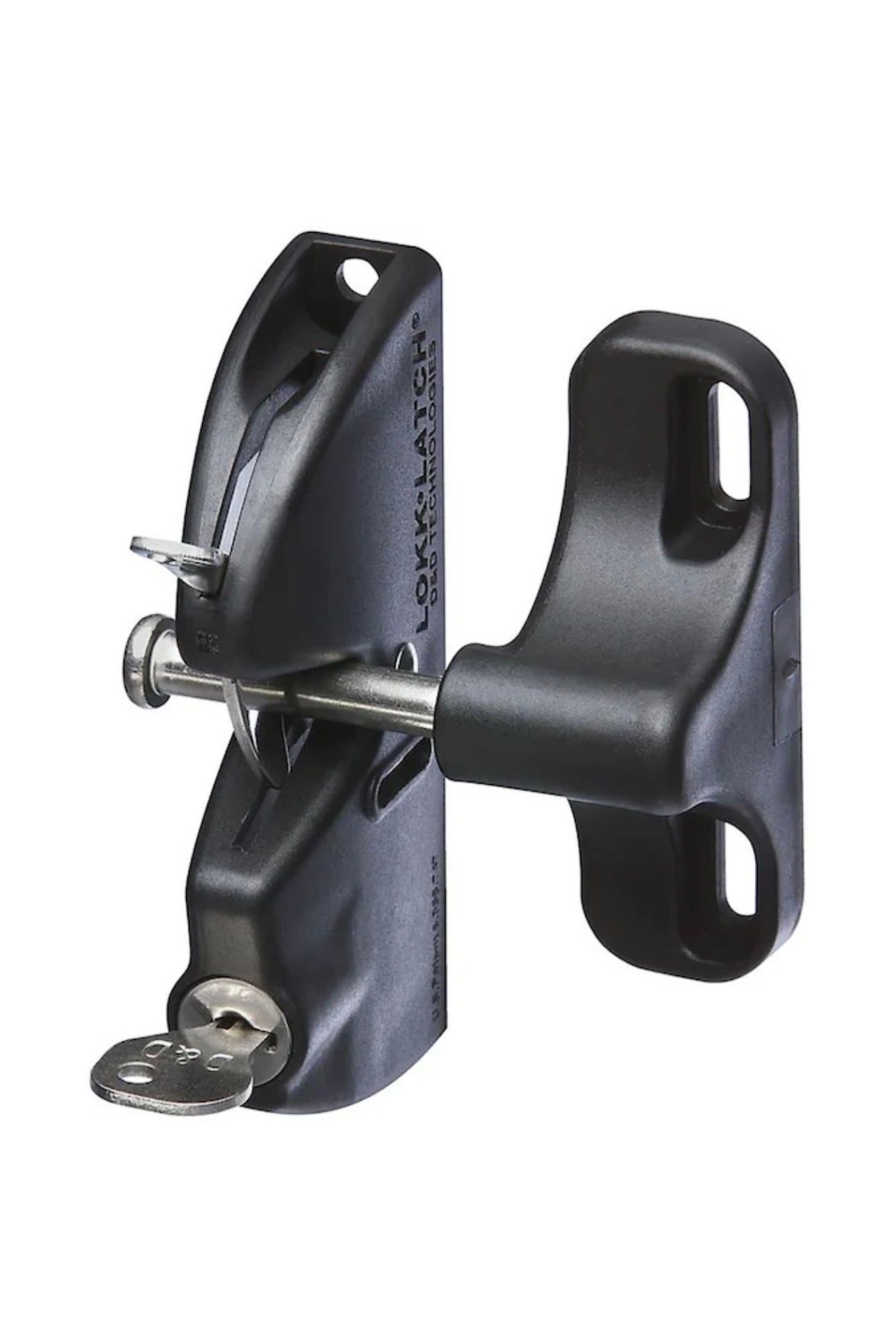 Black metal door latch with mounting brackets and locking bolt