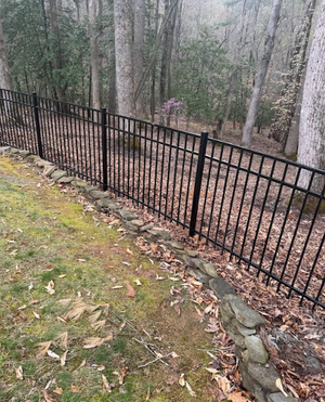 Black metal fence along a sloped, leaf-strewn yard beside tall trees in a wooded area.