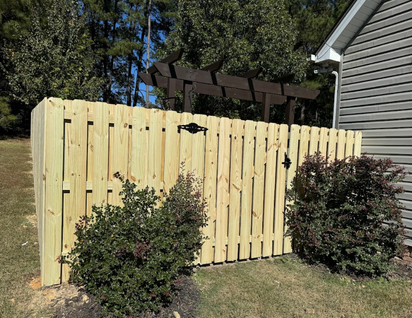 Freshly built wooden fence beside a house, with shrubs in front and a pergola behind.