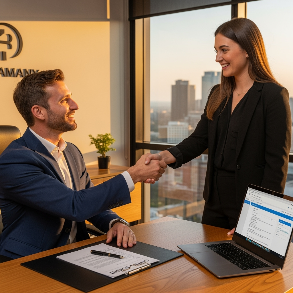 Man and woman shake hands in a high-rise office. Sunset view, laptop, documents on desk.
