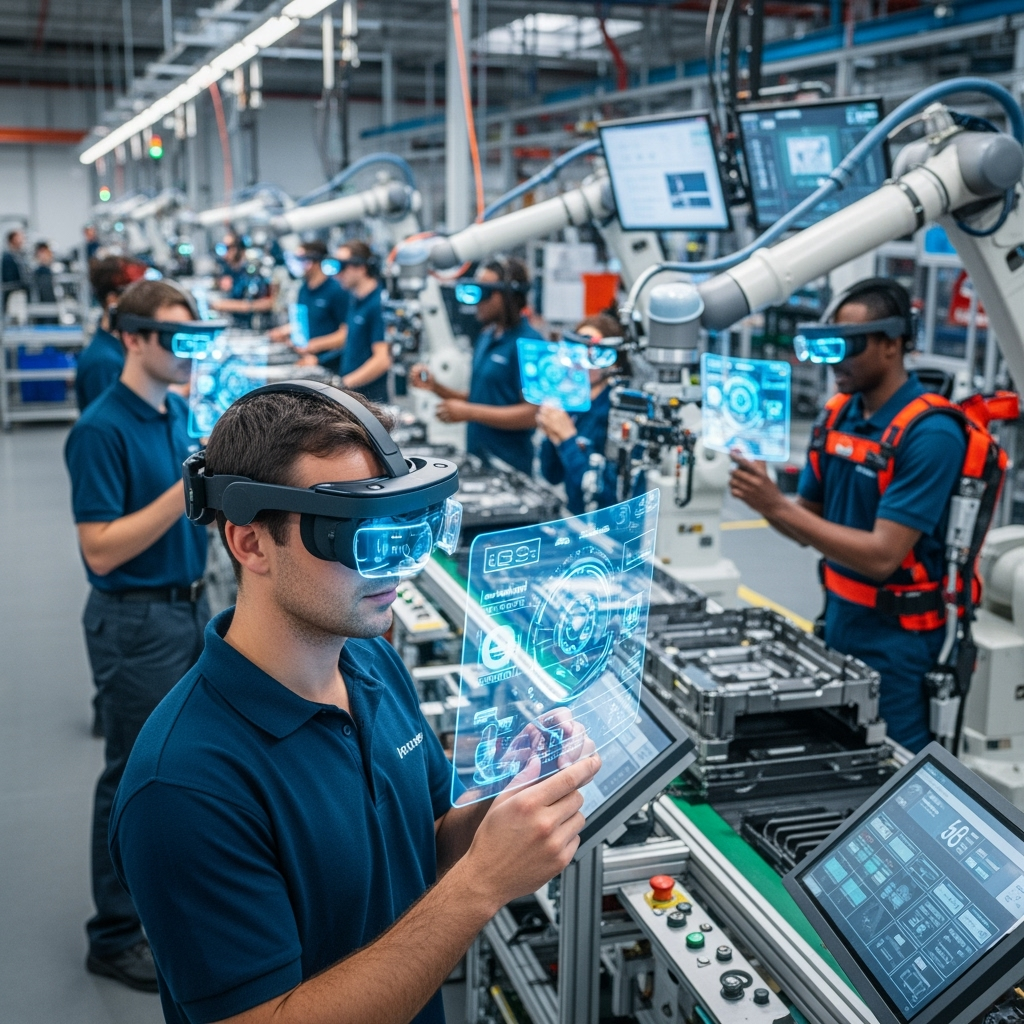 Workers in a factory wearing AR headsets and using tablets, working on an assembly line with robotic arms.