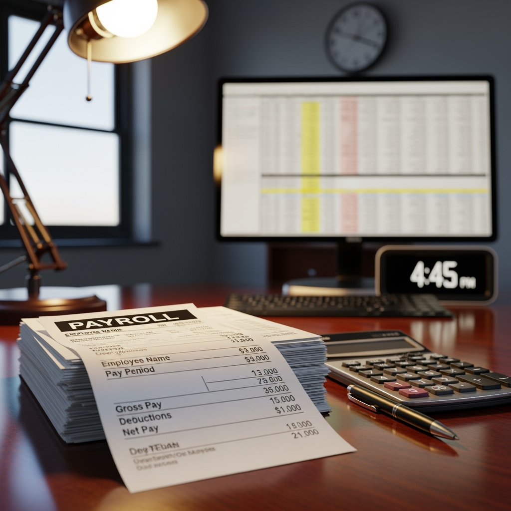 Payroll documents, calculator, and computer monitor on a desk, illuminated by a lamp. 4:45 PM on a digital clock.