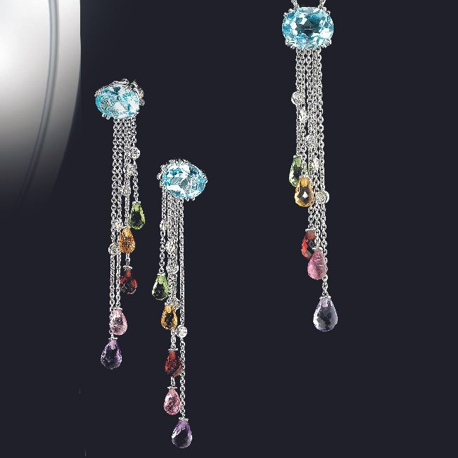 ORECCHINI CON ACQUAMARINE, BRILLANTI E TORNALINE ORO 18 K BIANCO