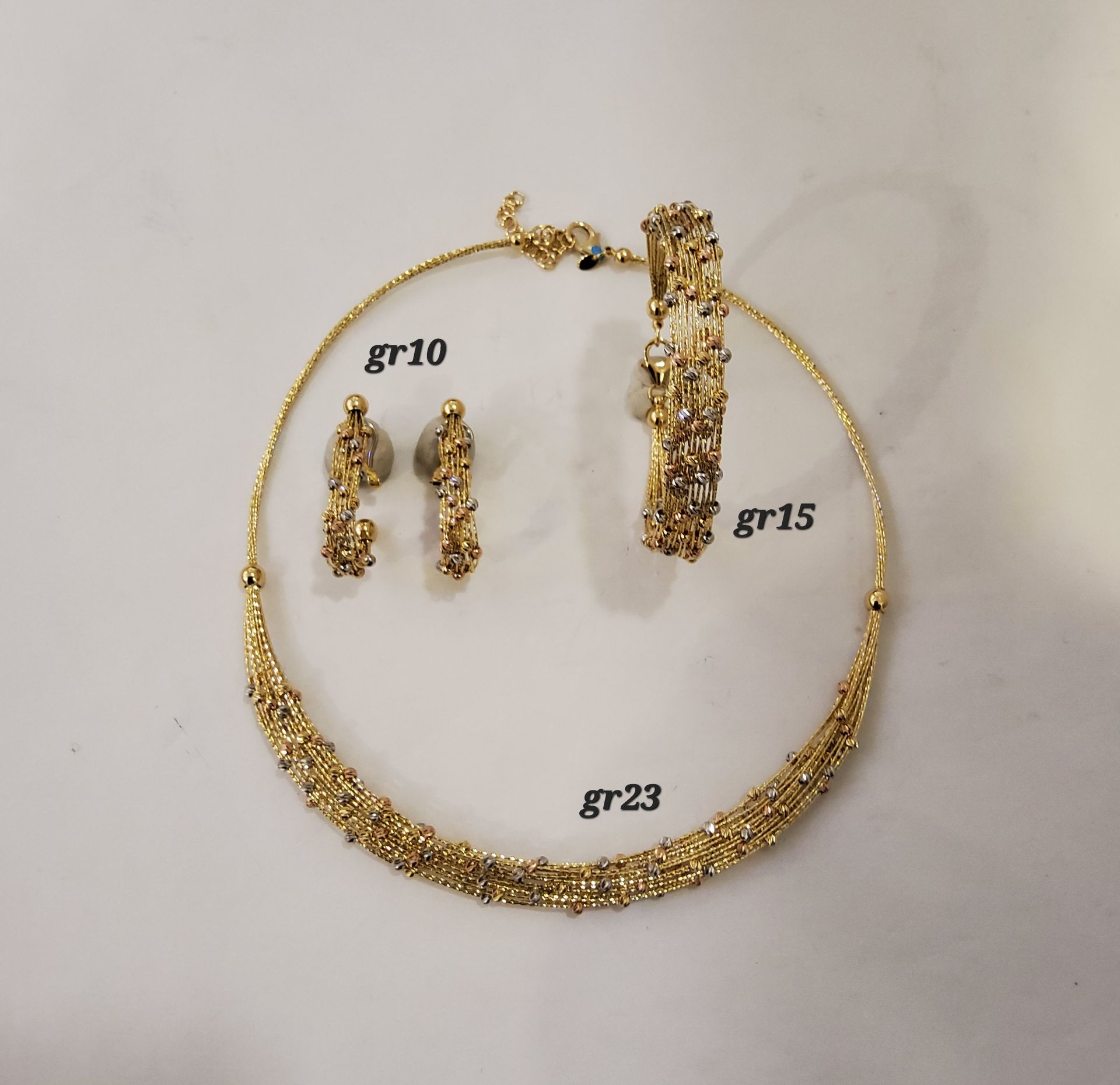 COLLANA  BRACCIALE E  ORECCHINI ORO 18K TRE COLORI