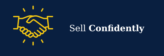 Yellow handshake icon with sunburst on a navy blue background, text “Sell Confidently”.