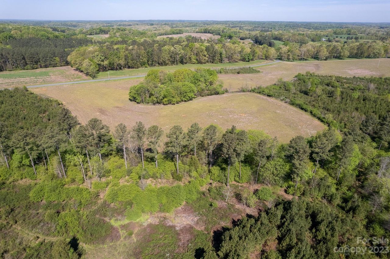 Aerial view of a clearing in a forest with patches of green trees and open fields.