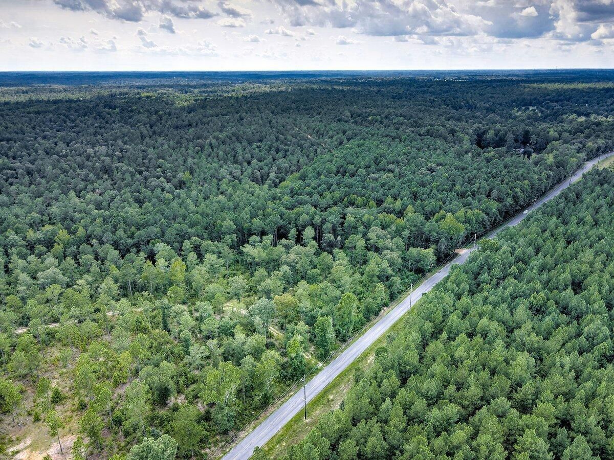 Aerial view of a long, gray road cutting through a dense green forest under a cloudy sky.