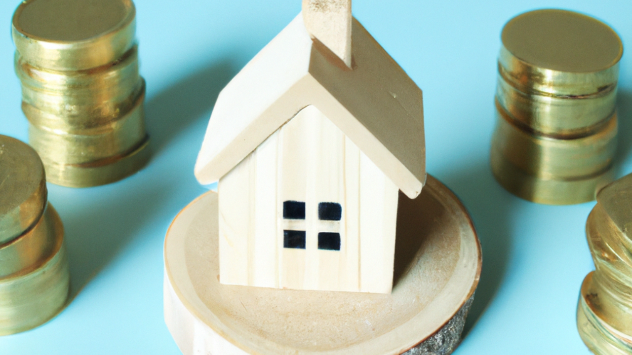Wooden house model on a wood slice with stacks of gold coins, on a blue background.