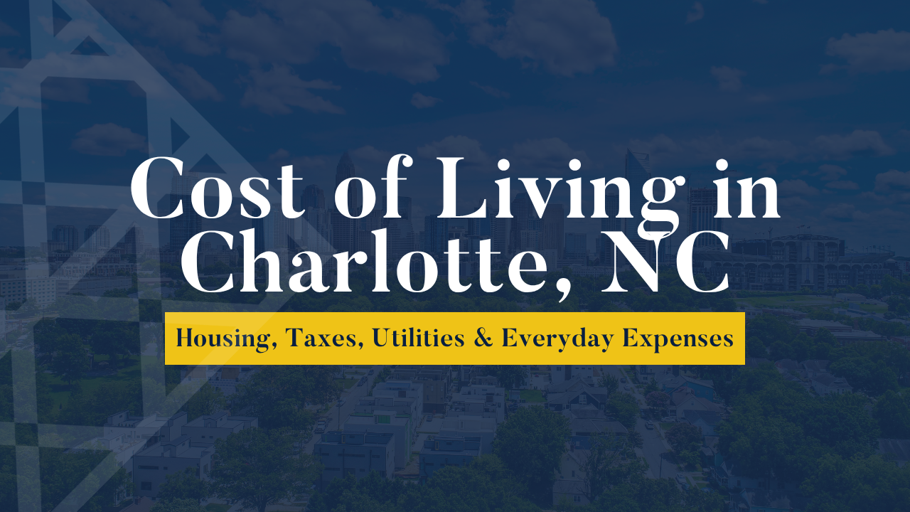 Title card: “Cost of Living in Charlotte, NC” over a blue city skyline with yellow subtitle bar.