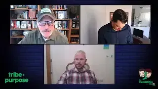 Three men are having a video call on a computer screen.