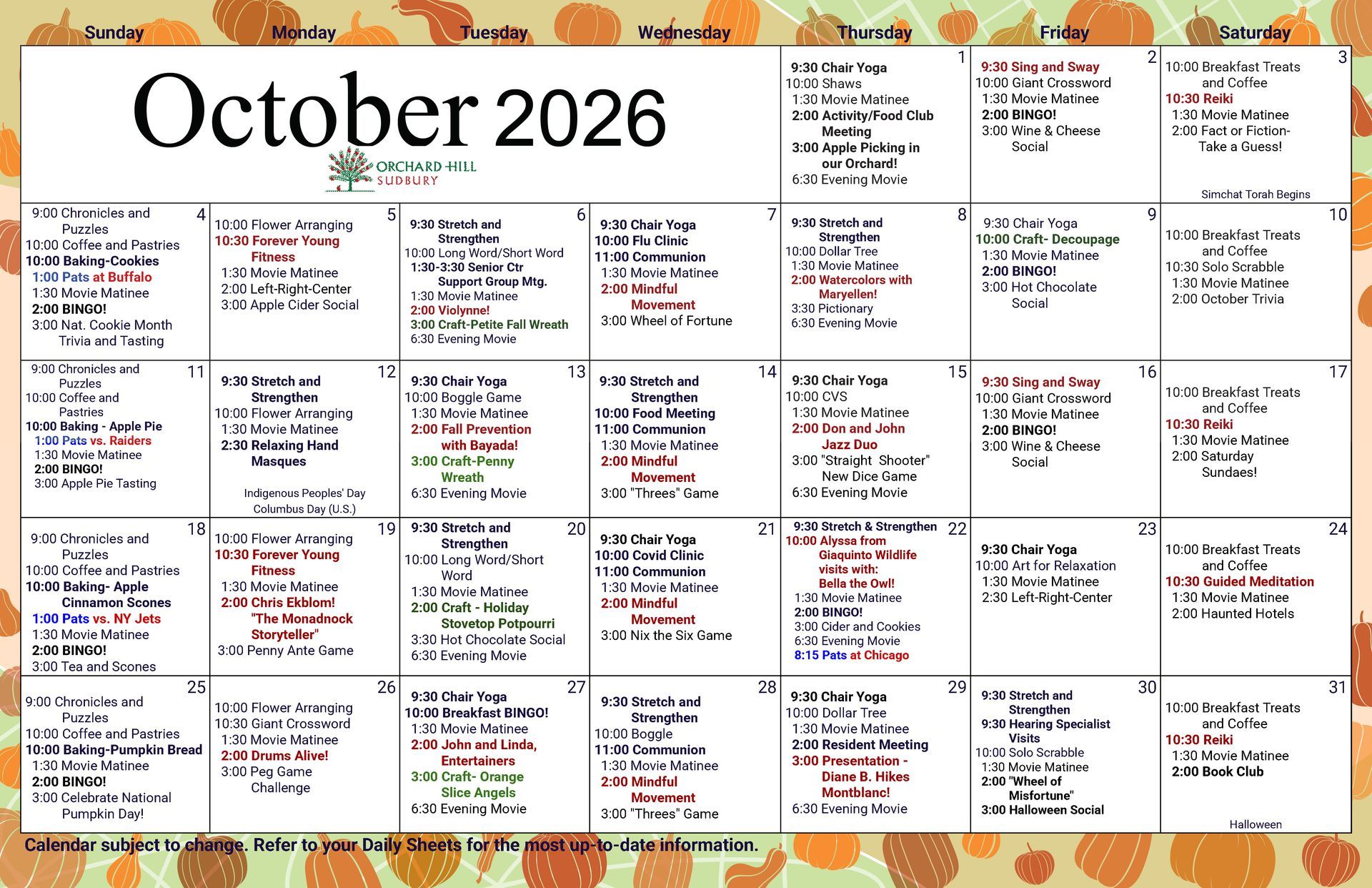 October Events Calendar