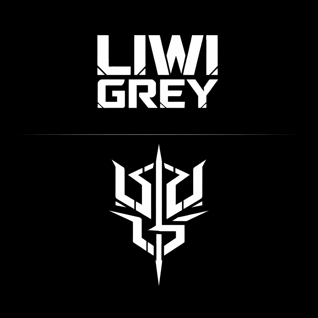 Het LIWI GREY-logo boven een gestileerd wit embleem op een zwarte achtergrond.