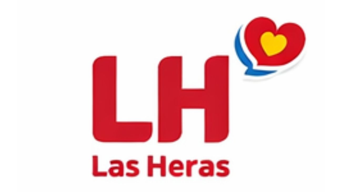Logotipo de Las Heras con las letras rojas "LH" junto a un icono de corazón rojo con un pequeño corazón amarillo en su interior, sobre texto.