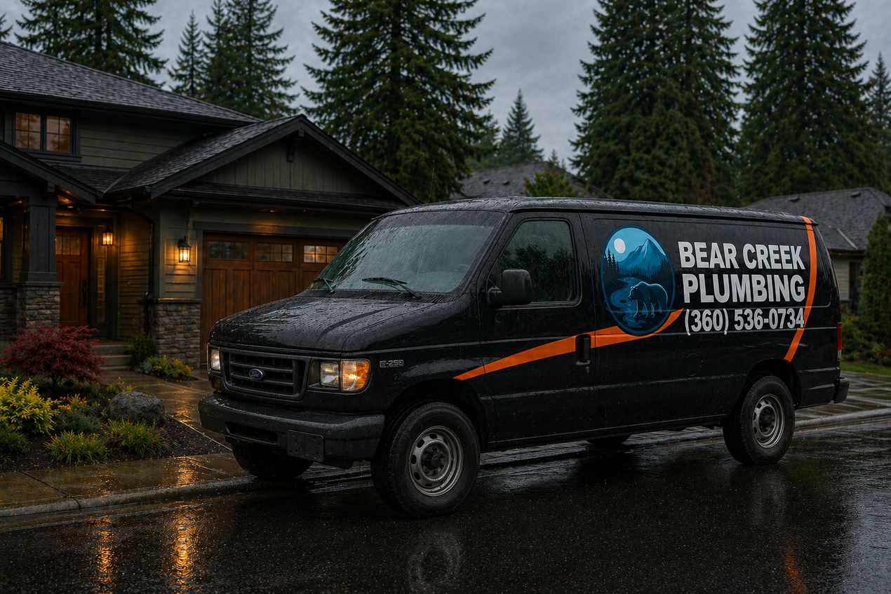 Bear Creek Plumbing vehicle with logo and contact information