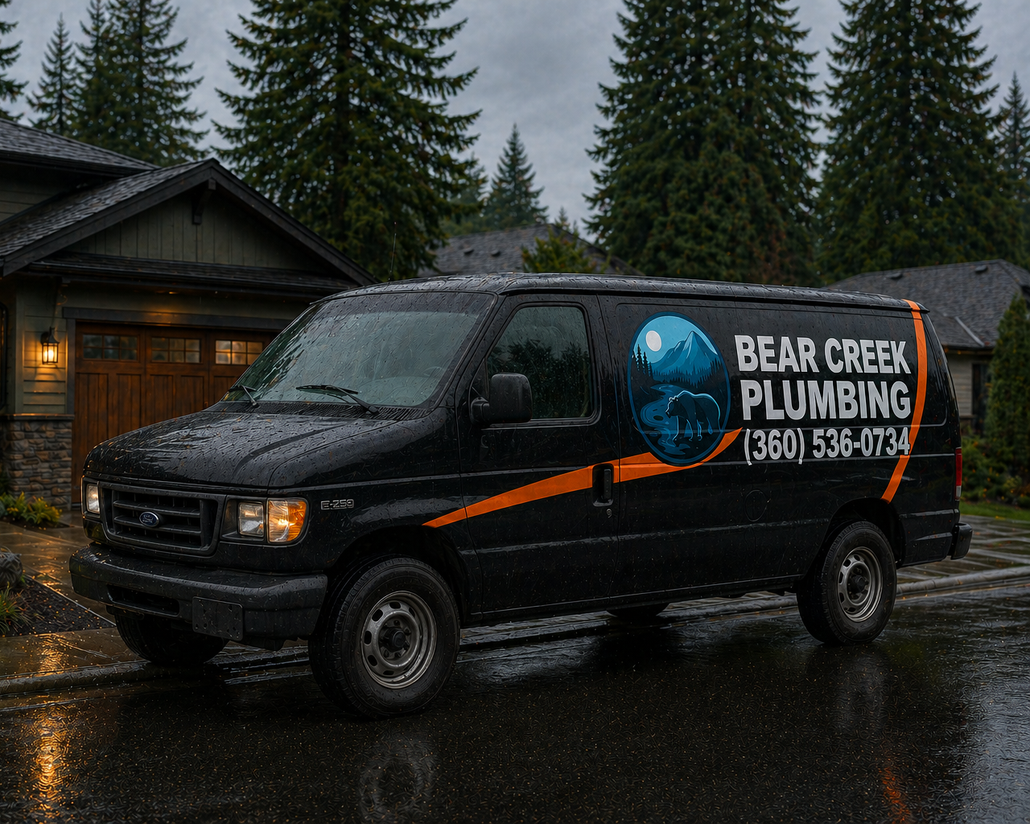 Bear Creek Plumbing vehicle with logo and contact information