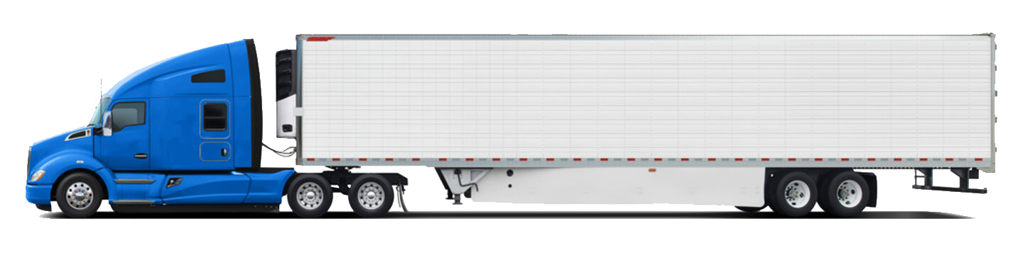 A blue semi truck with a white trailer on a white background.