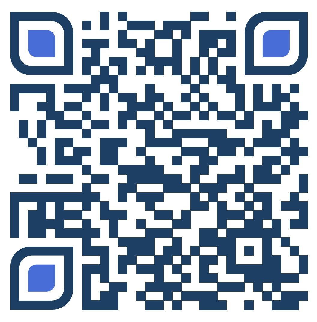 A blue and white qr code on a white background.