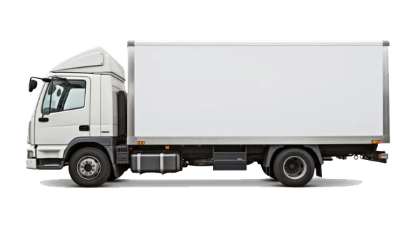 A white truck with a white box on the back is on a white background.