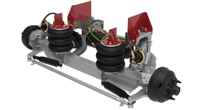 A 3d model of a suspension system on a white background.