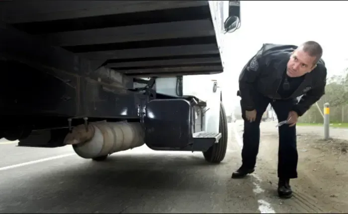 A man in a suit is looking under the hood of a truck