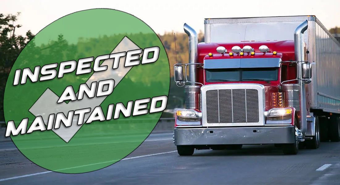 A red semi truck is driving down a highway next to a sign that says inspected and maintained