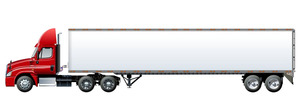A red semi truck with a white trailer on a white background.