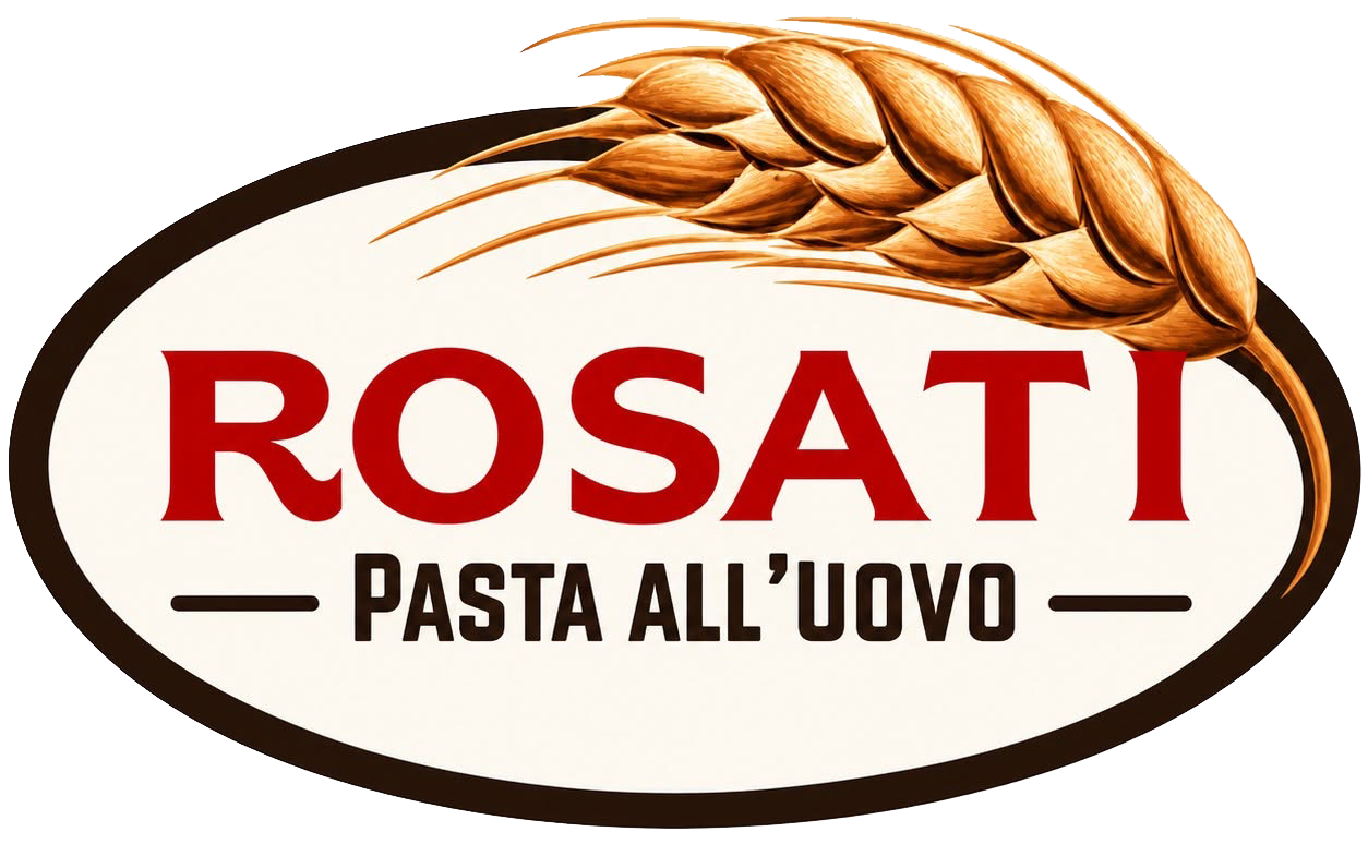 Logo Rosati Pasta all’Uovo con scritta rossa, illustrazione di spighe di grano e bordo ovale
