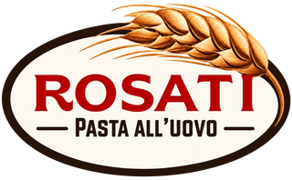 Logo Rosati Pasta all’Uovo con scritta rossa, illustrazione di spighe di grano e bordo ovale