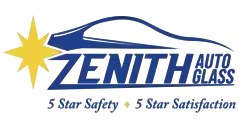 Logo for Zenith Auto Glass with a stylized car outline, starburst, and text promoting 5-star safety and satisfaction.