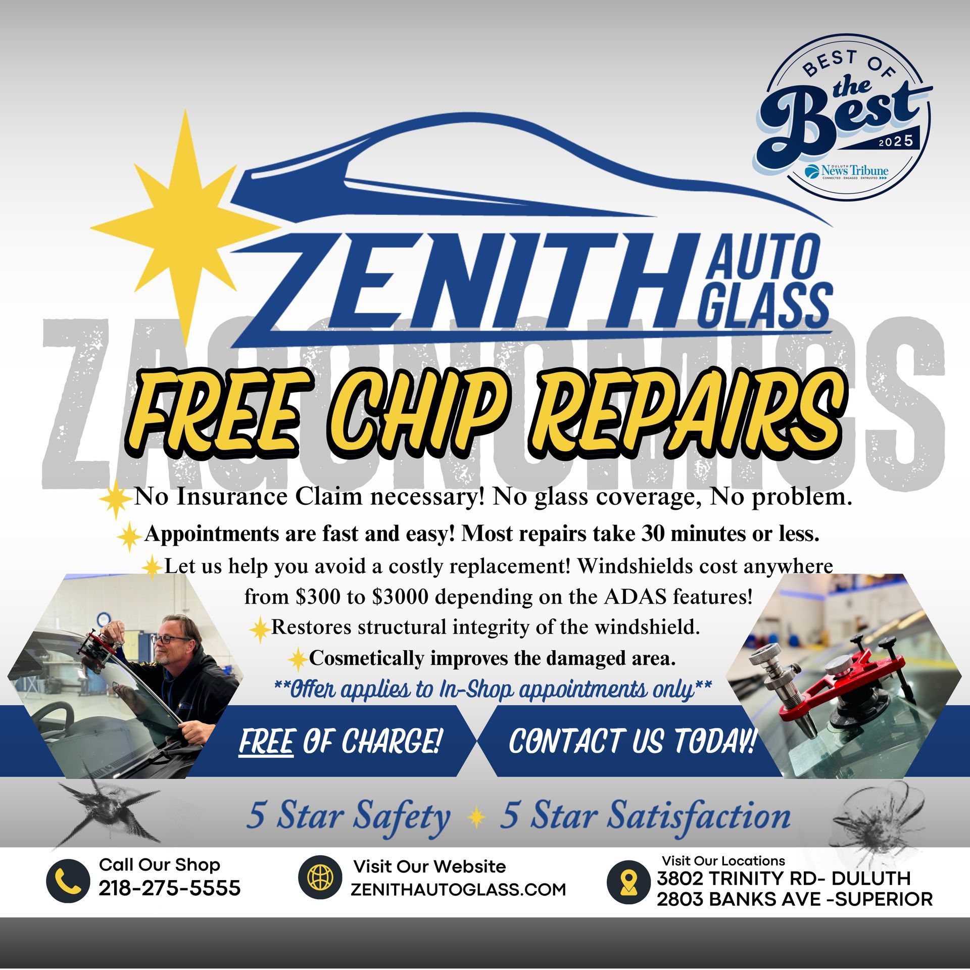 Advertisement for Zenith Auto Glass: Free chip repairs. Includes contact info and details about the service.