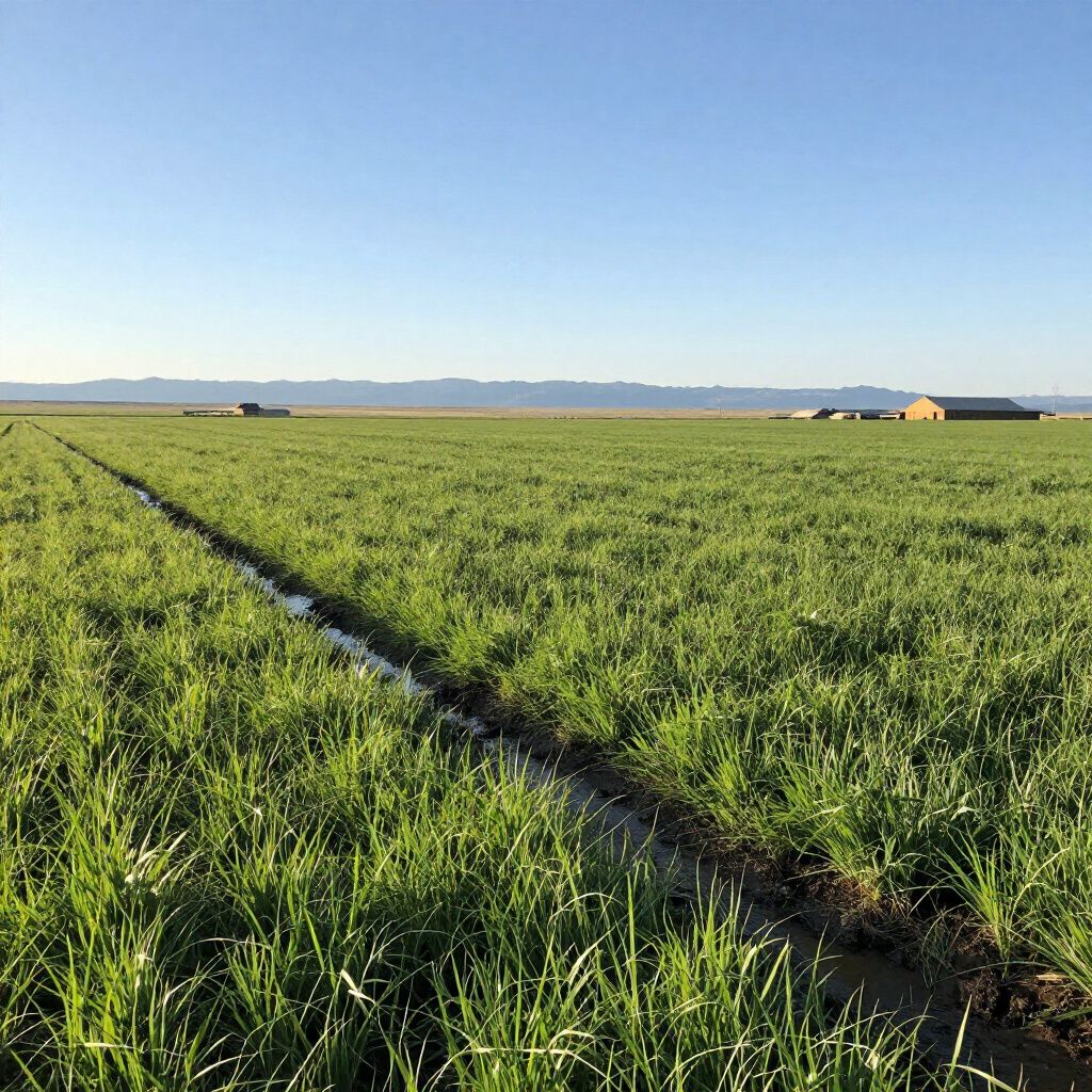 Green crop field with irrigation tracks under a clear blue sky, distant mountains on the horizon