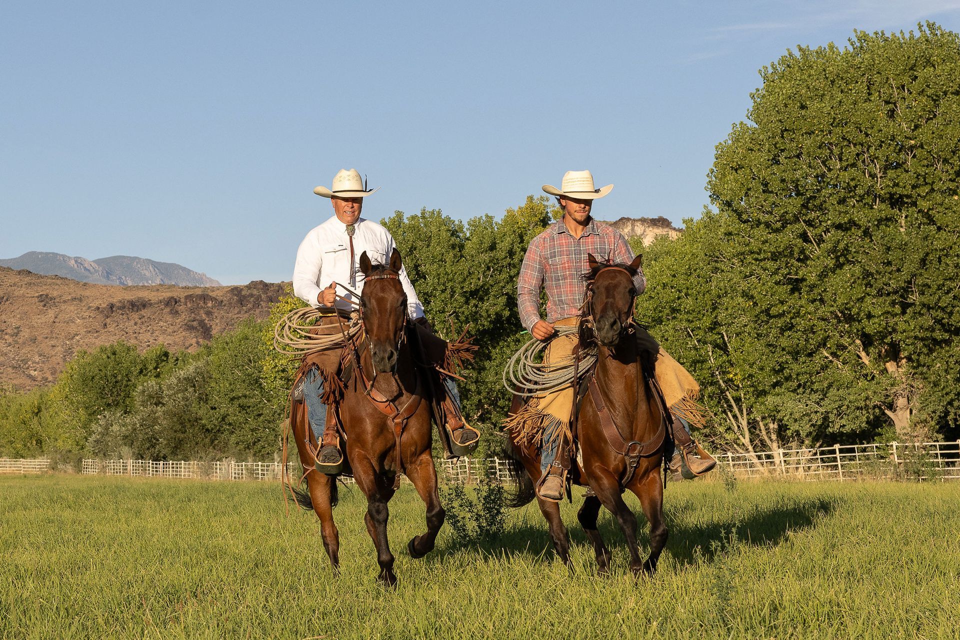 Four horseback riders pause in a shallow rocky creek amid leafless trees in a winter landscape