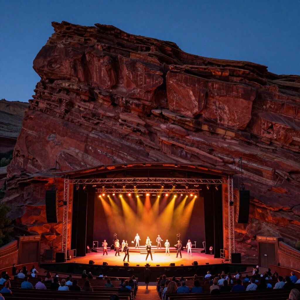 Outdoor stage performance in a red rock amphitheater at dusk, lit by warm spotlights with an audience seated below