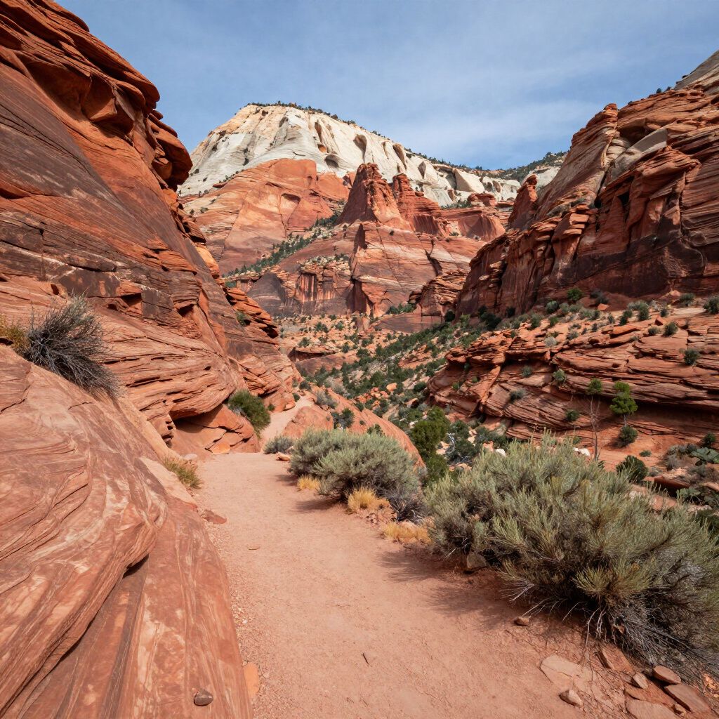 Red rock canyon trail with shrubs and a pale sandstone peak under a blue sky