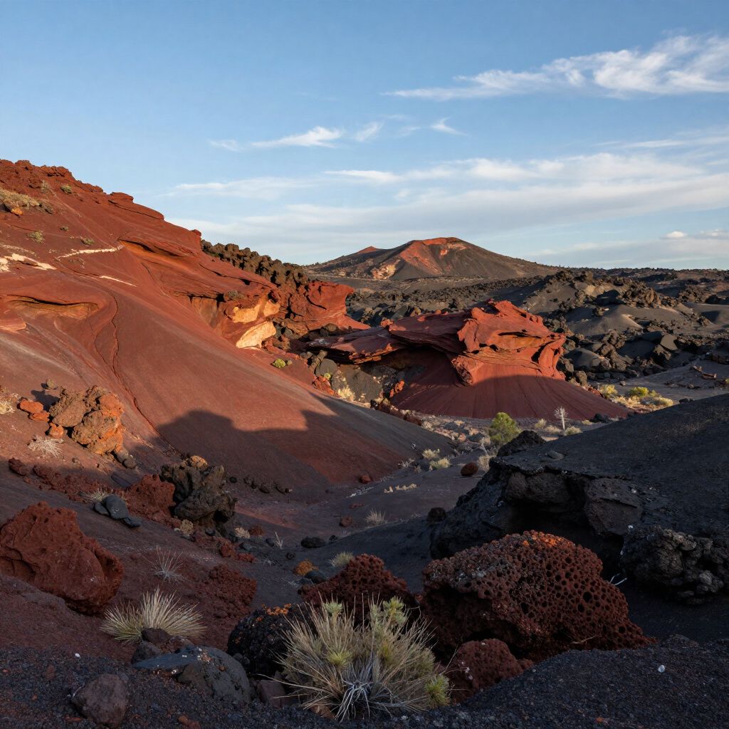Red volcanic landscape with black lava rocks, a rust-colored slope, and a blue sky