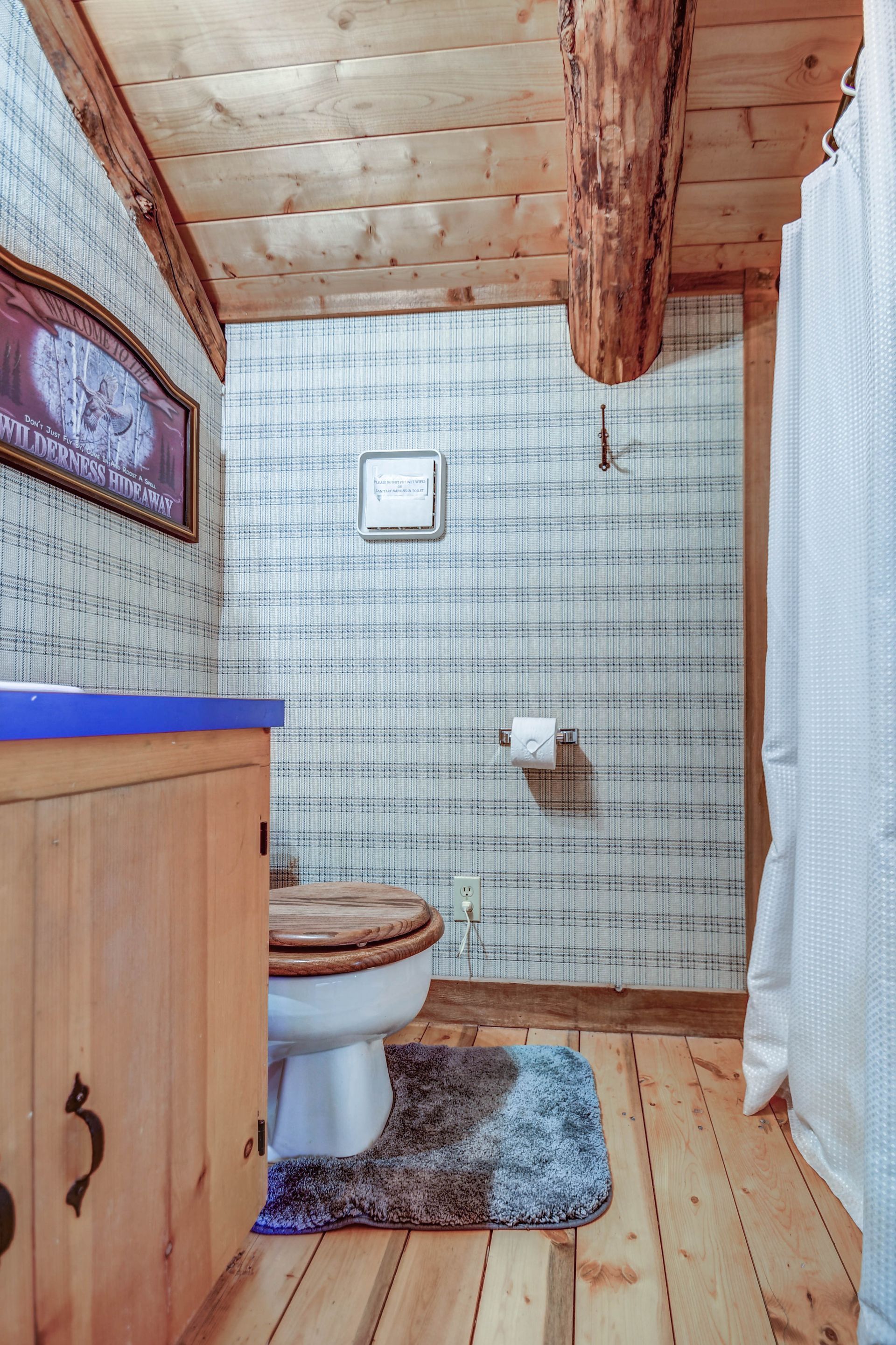 Rustic bathroom with wooden ceiling, toilet, sink cabinet, blue rug, and shower curtain