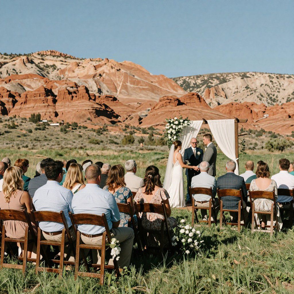 Outdoor wedding ceremony with guests seated on grass before a couple under an arch, red rock cliffs behind them