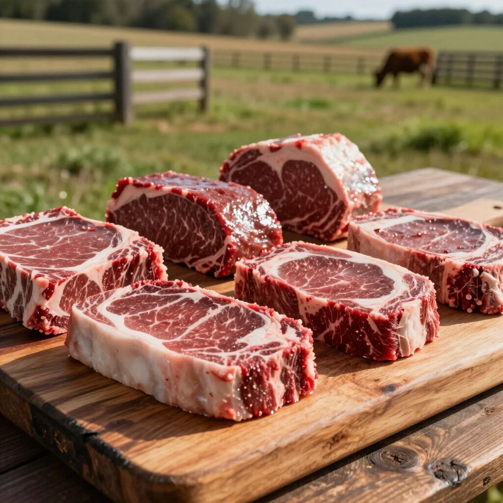 Raw marbled steaks on a wooden board outdoors, with a fenced pasture and grazing horse in the background