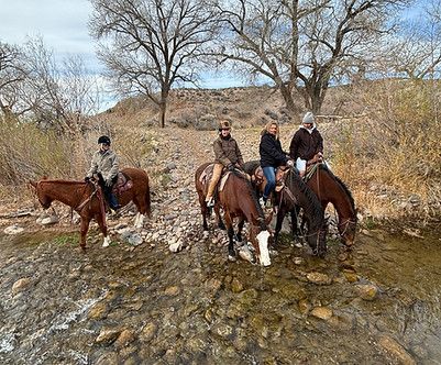 Four horseback riders pause in a shallow creek among leafless trees and rocky banks.