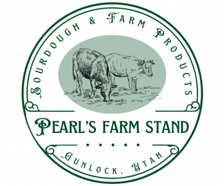 Pearl’s Farm Stand logo with cow illustration, green circular border, and text “Sourdough & Farm Products, Gunnlock, Utah”