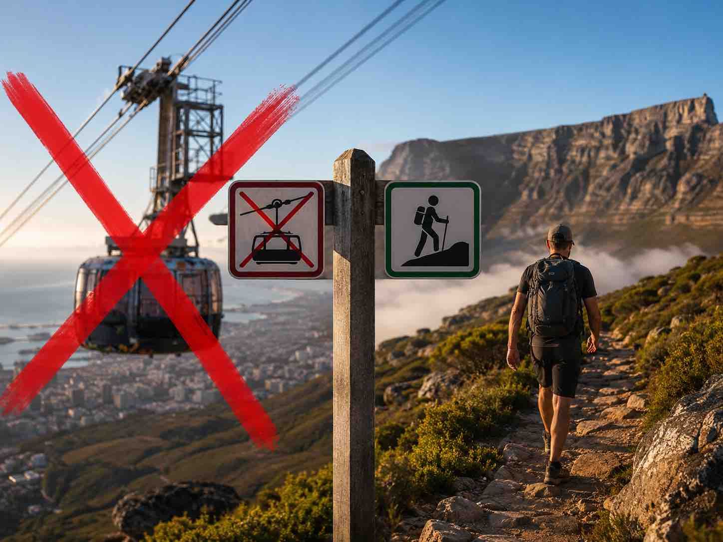 Hiker on mountain trail with trail signs and a large red X marking the left side.