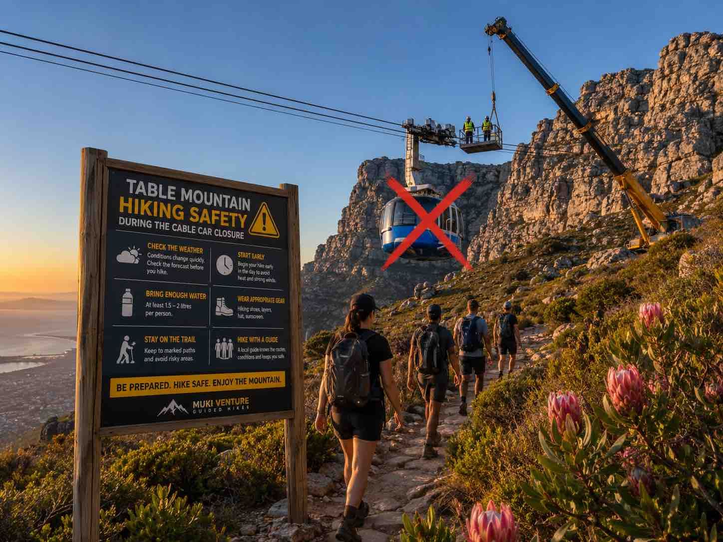 Hikers on a rocky trail beside a safety sign and red X on a cliffside at sunset