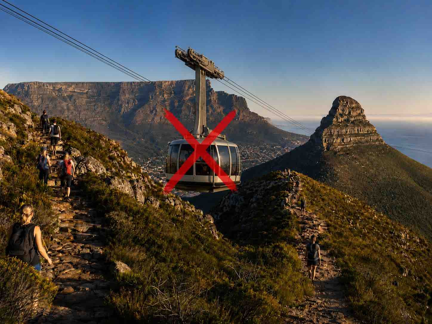 Mountain cable car with a red X over it, above rugged peaks in clear daylight.