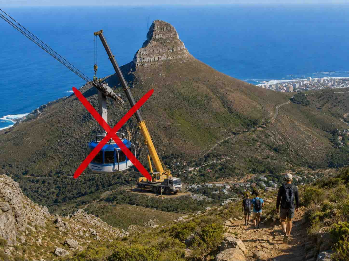 Mountain trail overlooking a crane accident marked with a red X, with hikers in the foreground.