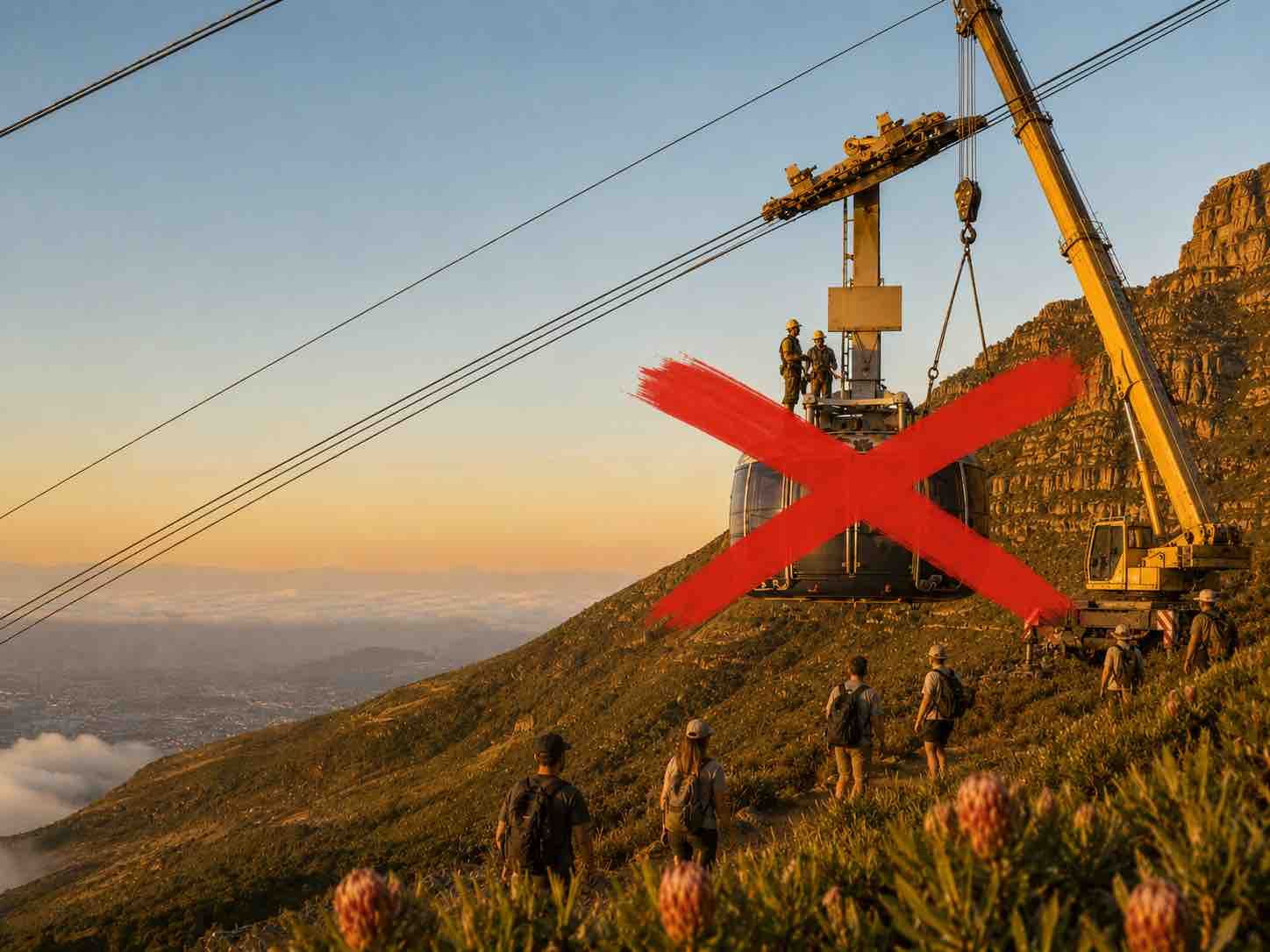 Mountain worksite with cable and crane; red X marks the equipment as blocked
