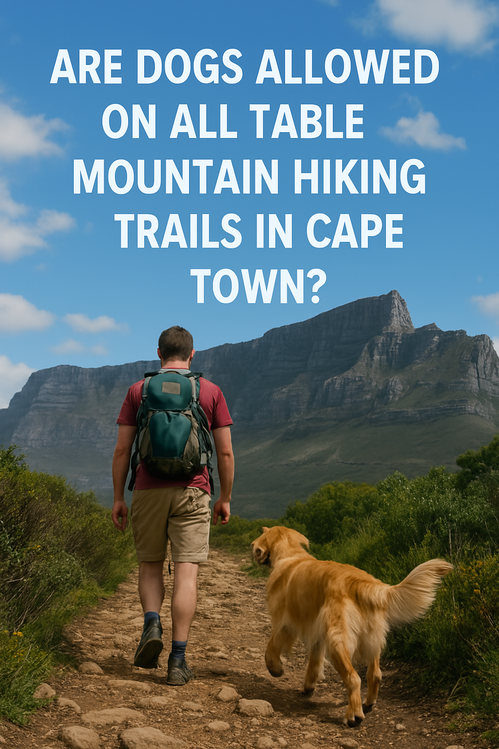 A man and a dog are walking on a trail in cape town.