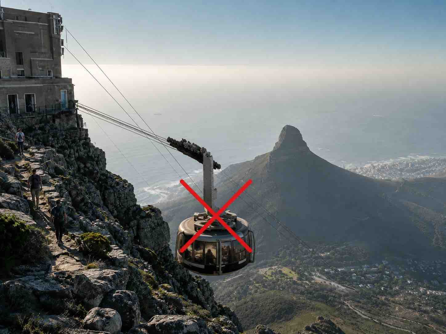 Cable car suspended above rocky mountains, with a red X marking it as not allowed.