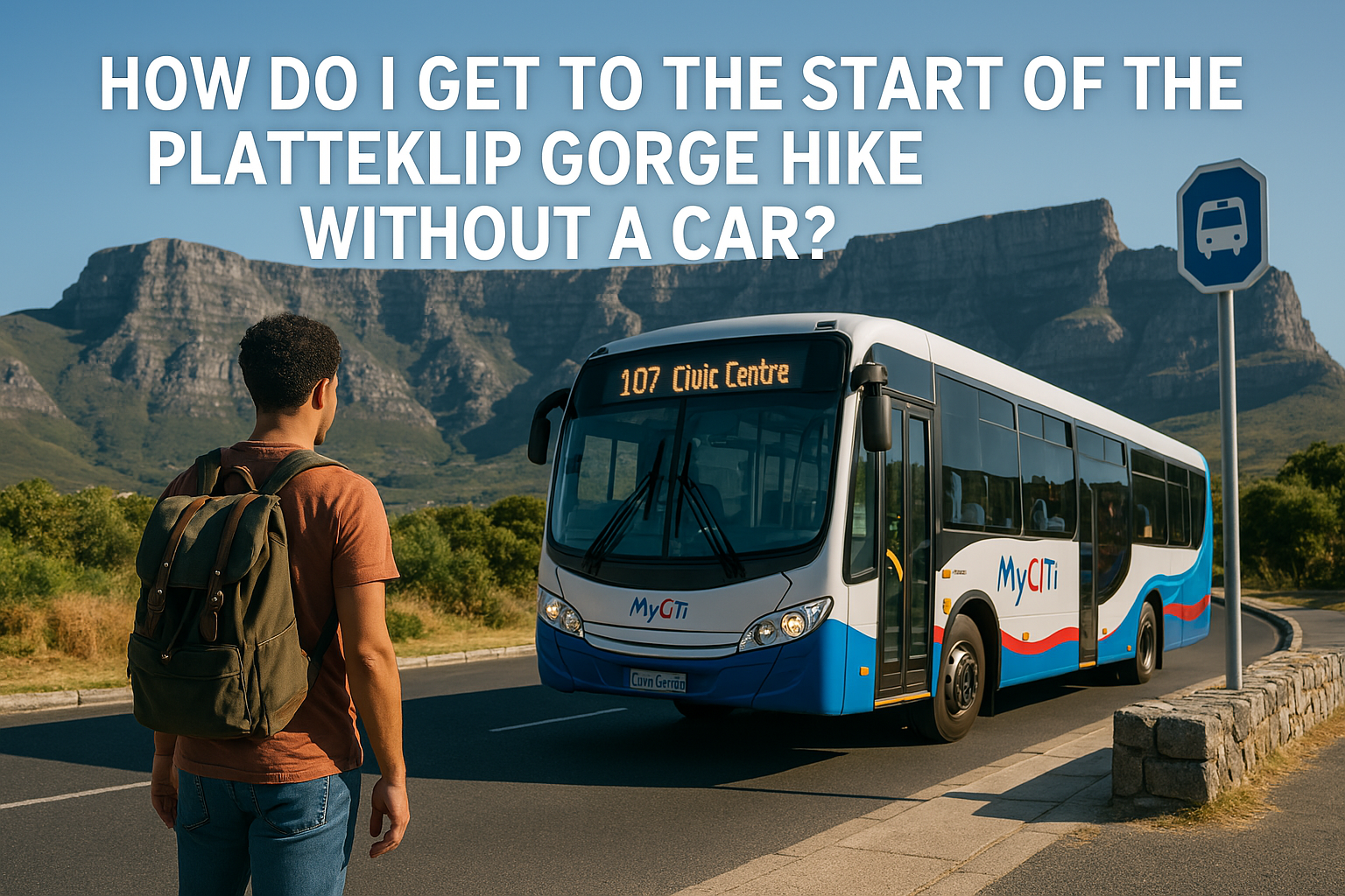 A man with a backpack is standing in front of a bus.